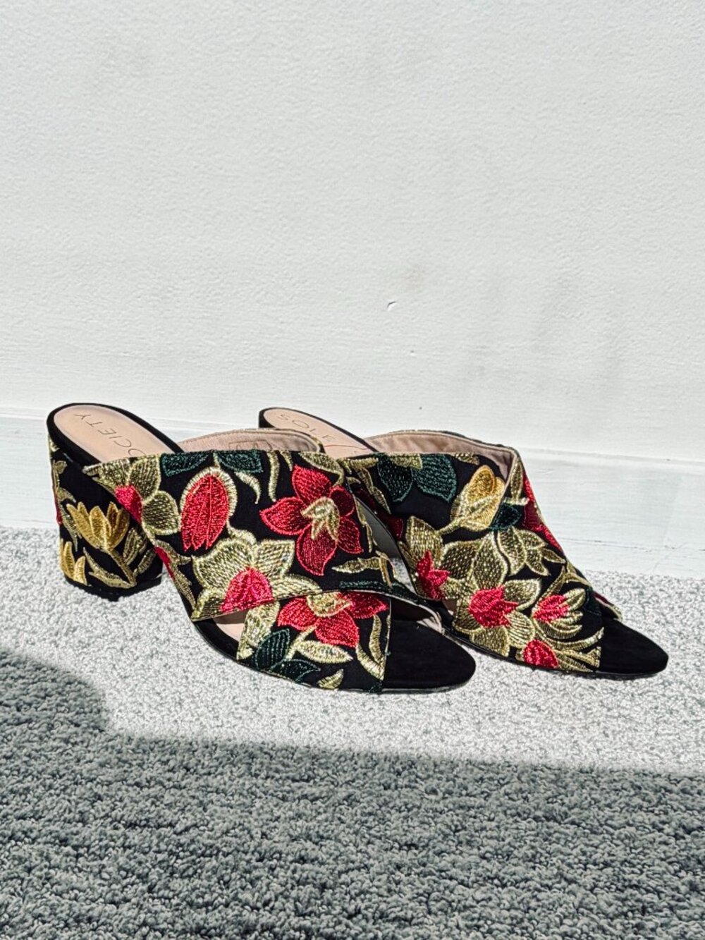 Sole Society Luella Embroidered Block Mule Heels Criss Cross Strap- 7.5- NEW!